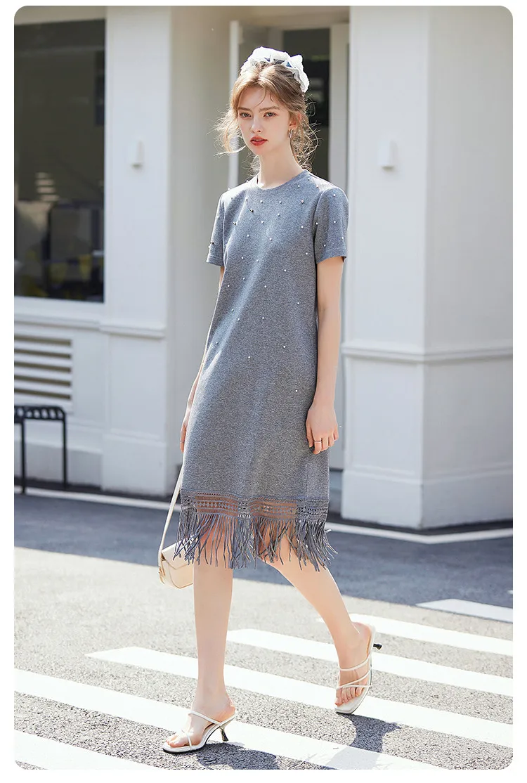 Vestido recto con borlas de verano para Mujer, Vestidos por debajo de la rodilla de manga corta con cuentas de perlas, Vestidos informales lisos a la moda para Mujer