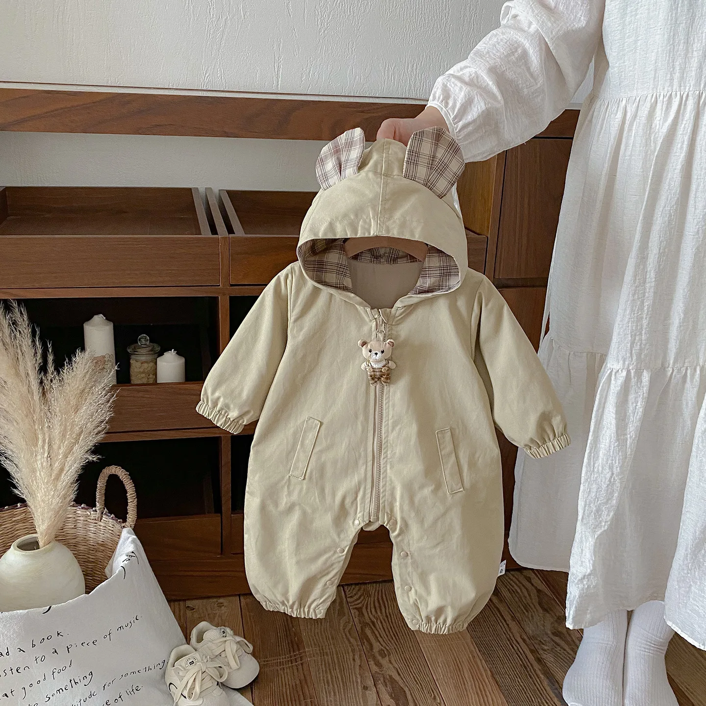 

New Autumn Infant Baby Boys Rompers Rabbit Ear Hooded Newborn Boys Bodysuits Zipper Patchwork collar Long-sleeve Bear Jumpsuits