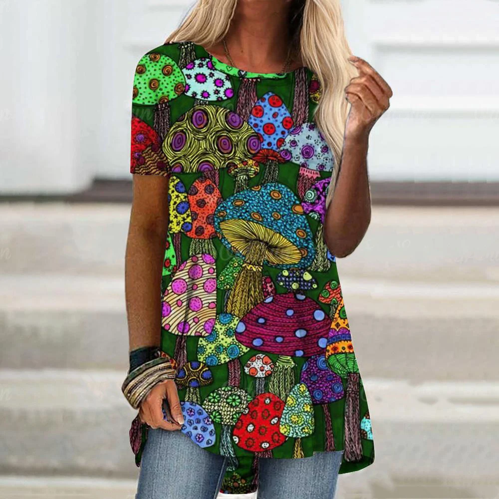 Colourful Mushroom 3D Print T-Shirts Women O-Neck Short Sleeve T Shirt Streetwear Tees Oversized Tunic Y2K Tops Female Clothing