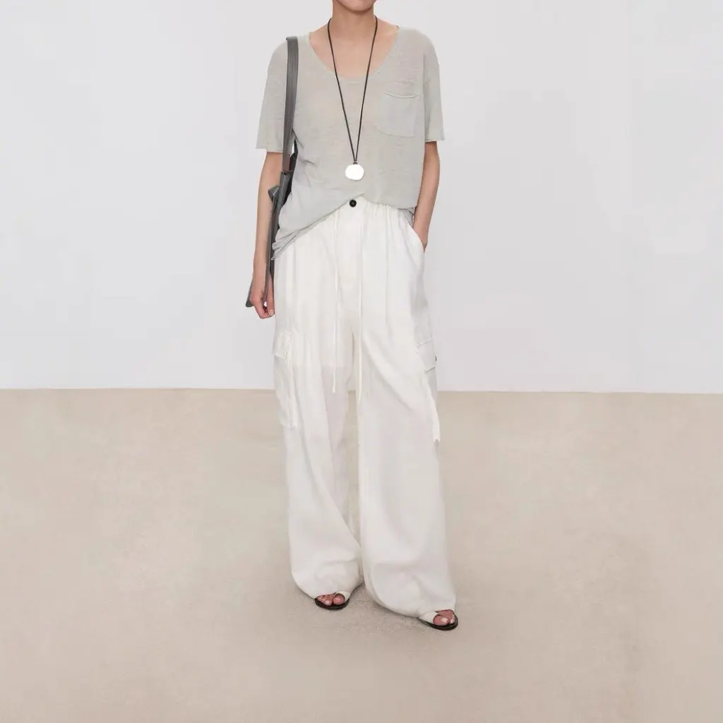 

Joc2025 Women's Linen T-Shirt Large round Neck Short-Sleeved Loose Fit Summer Italian Cool Texture Lazy Style