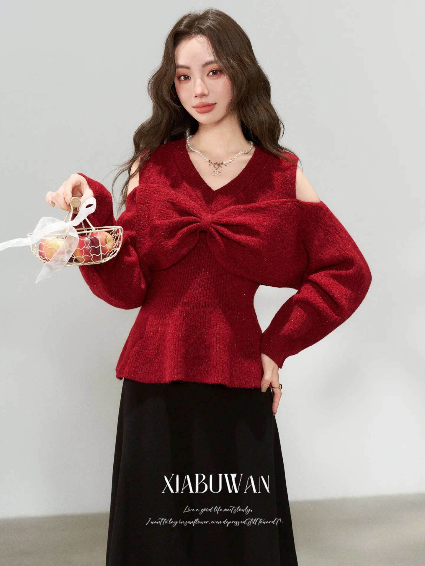 

Женский вязаный комплект: свитер с узлом и юбка с высокой талией, V-образный вырез, длинный рукав, осенне-зимний модный повседневный наряд