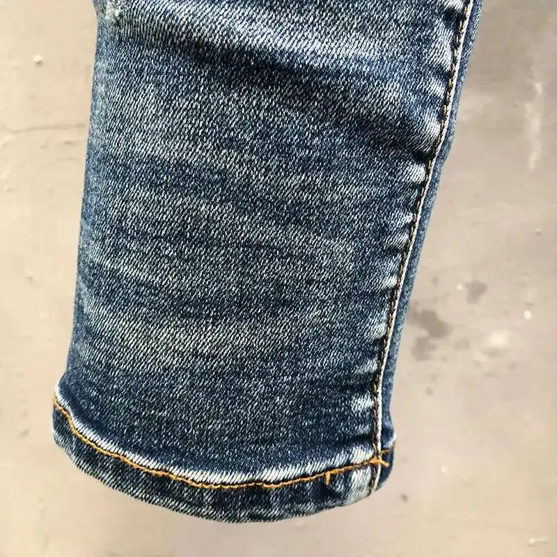 بنطلون جينز أزرق نحيف للرجال مع سحاب ، خليط ، هيب هوب ، مكدسة ، بنطلون دراجة نارية ، ملابس الشارع الشهير