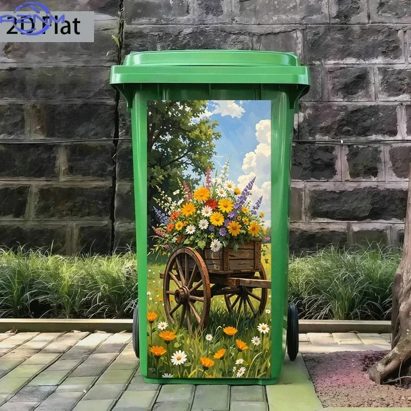 Self-Adhesive Trash Can Sticker Compatible for Garbage Bins, Walls - Modern Wood Wheelbarrow Design with Full/Empty - Peel-and