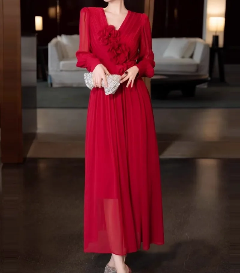 

Red Elegant Women Dress with Floral V-neck Long Sleeve Luxury Evening Party Dresses Bodycon Streetwear Chic Clothing Lady