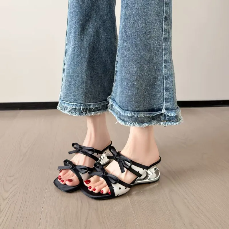 2026 New High Heel Slippers Summer French Sweet Bow Square Head Open Toe Cool Slippers Outdoor Fashion Versatile