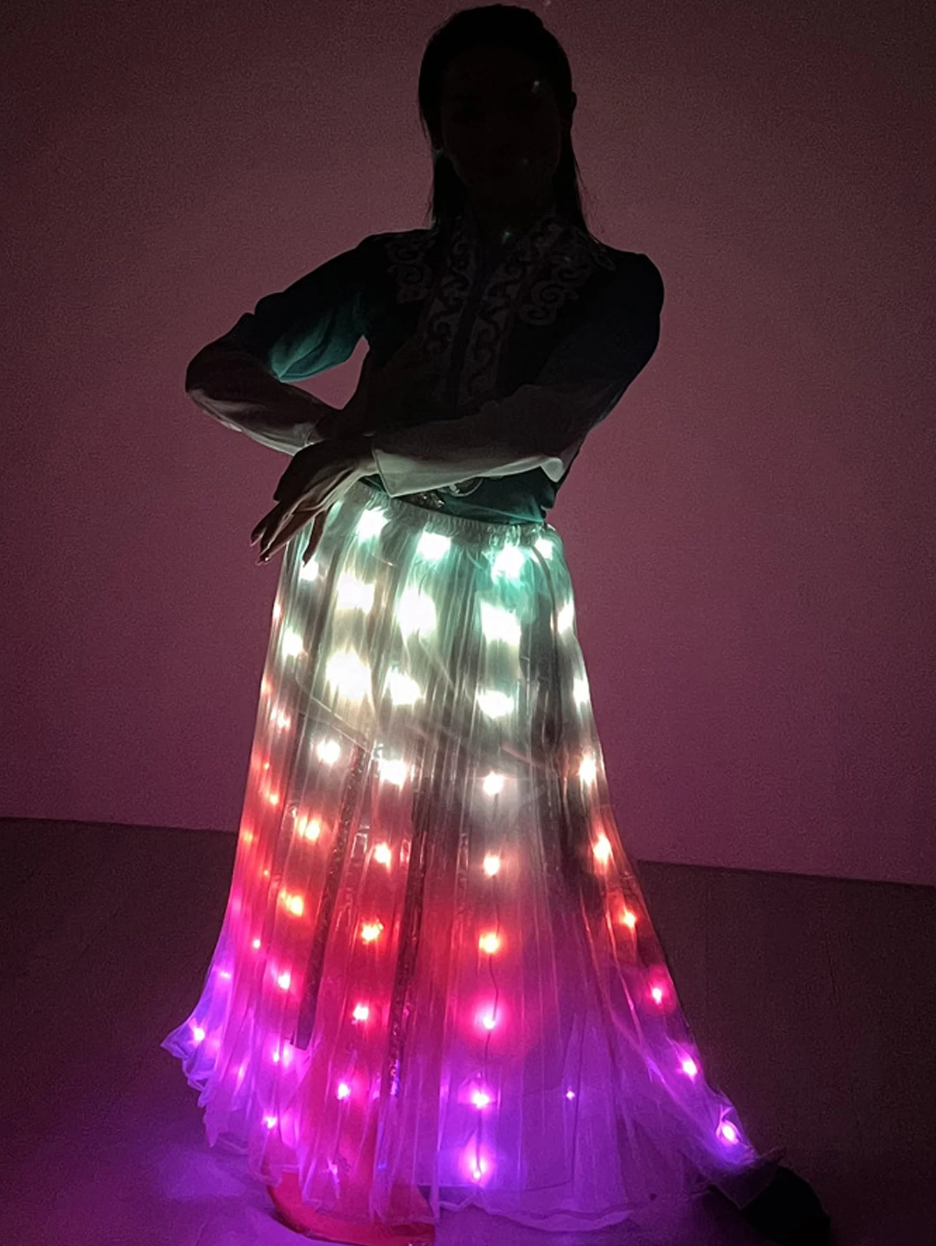 LED Light Up Belly Dance Skirt, LED Long Tutu Skirt for Rave, Halloween, Christmas Party, Dazzling LED Clothing for Women White