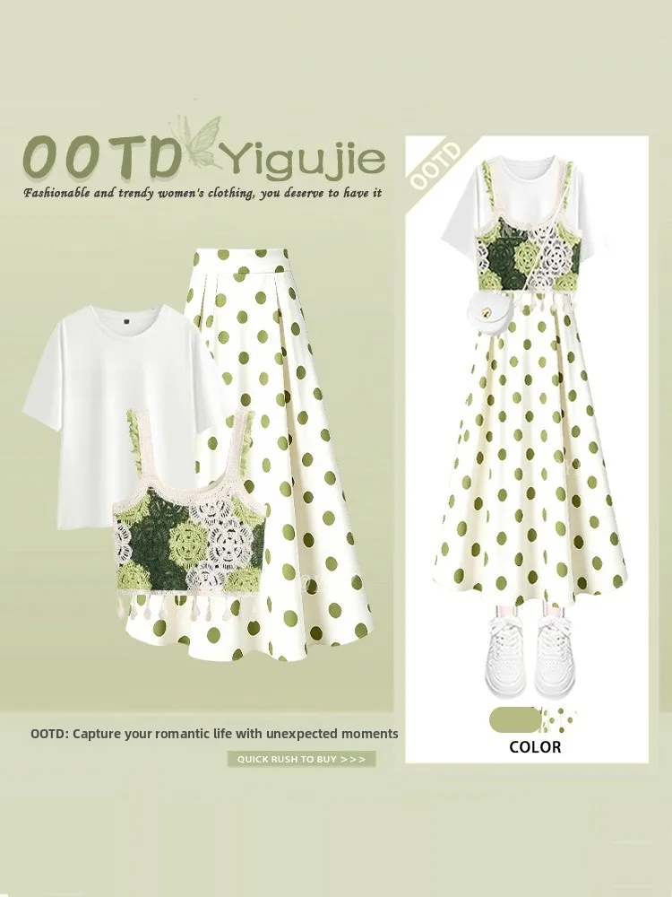 Retro Green Bohemian Style Early Autumn Hollow out Hook Flower Strap Short Sleeve Top Polka Dot  Skirt Three Piece Set