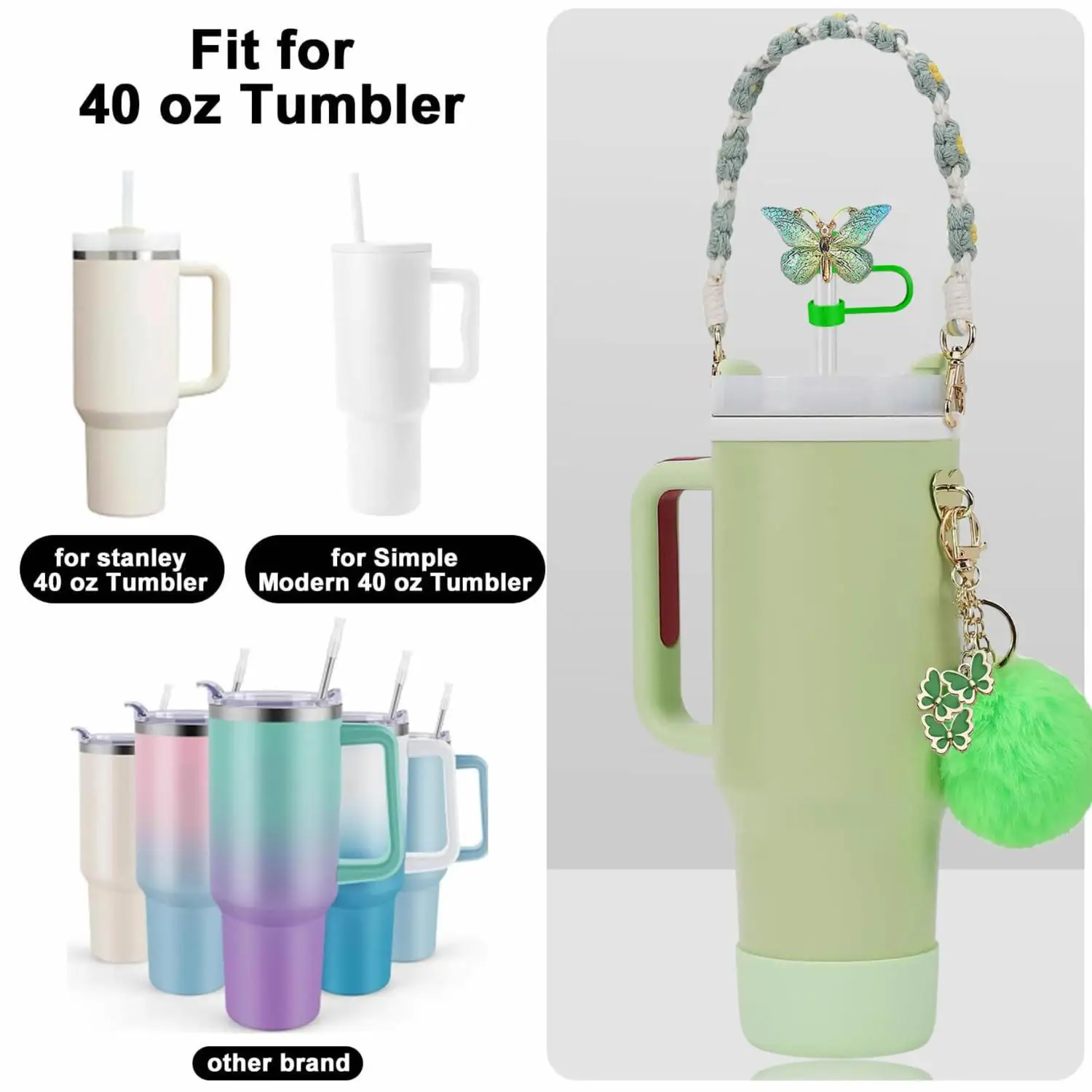 Silicone Gradient Bow Hand Strap Charms Fluffy Pom-pom Cup Chain Straw Topper - Trendy Accessory for Straws And Drinkware
