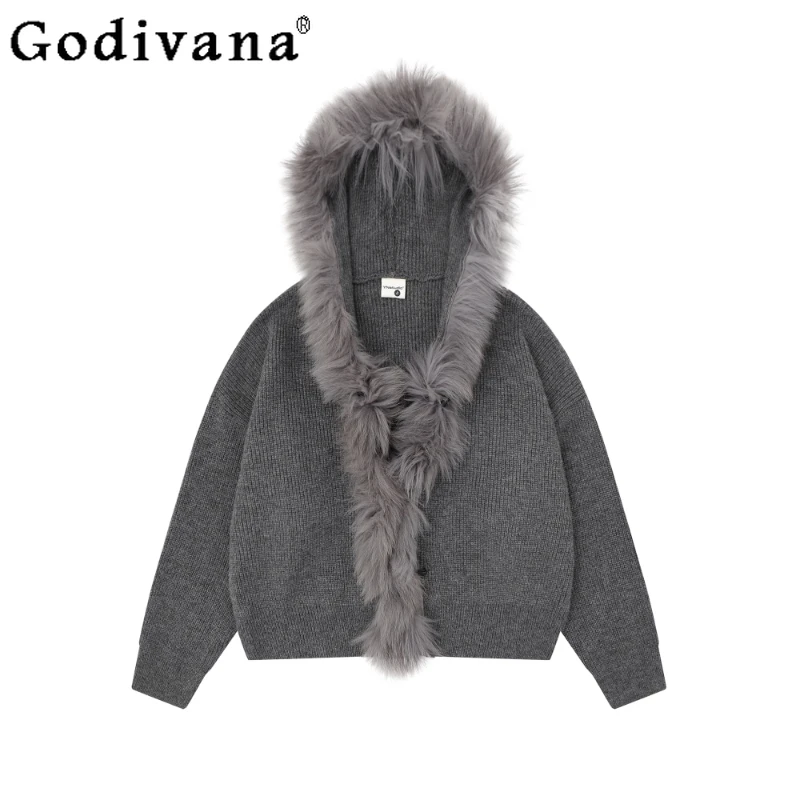 เสื้อสเวตเตอร์มีฮู้ดแต่งขนเฟอร์ขนาดใหญ่สำหรับผู้หญิง ฤดูใบไม้ร่วง ฤดูหนาว สไตล์ญี่ปุ่น เสื้อคลุมคาร์ดิแกนสุดหรู สีแดง โลลิต้า เสื้อแจ็คเก็ตถัก