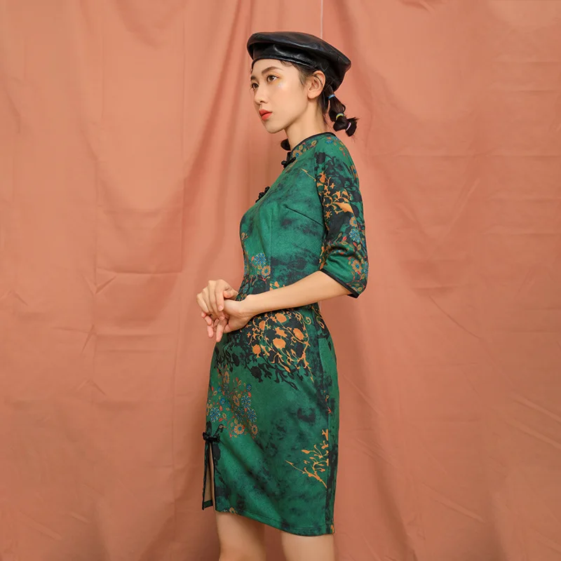 Sexy New Brocade Satin Short Fork Cheongsam Chinese Classic Women\'s Qipao Elegant Short Sleeve Novelty Wedding Evening Dress