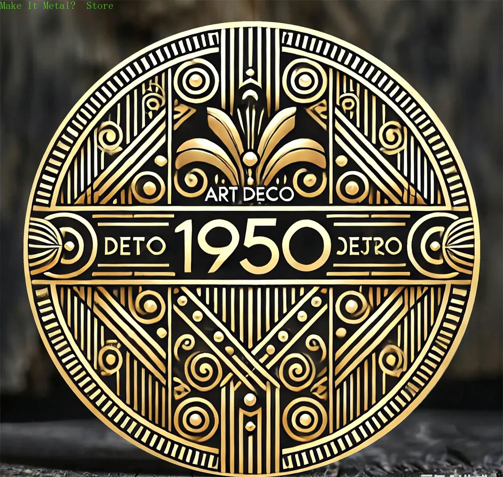 Letrero Metálico Redondo Dorado Estilo Art Deco 1950, Decoración de Pared con Patrón Geométrico Retro para Hogar, Bar o Cafetería
