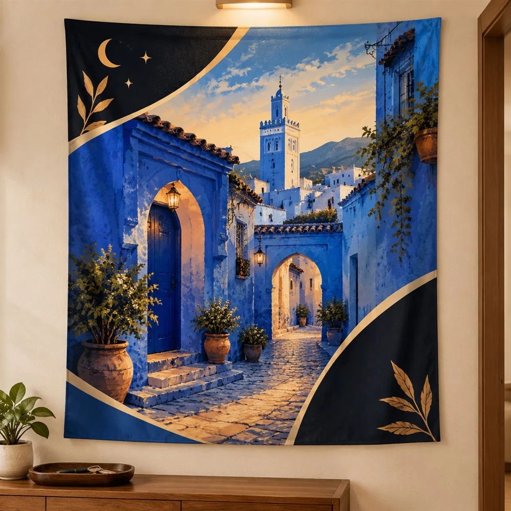 VIKAMA Moroccan Blue City Tapestry Wall Hanging, Travel Scene Moroccan Aesthetic Room Decor Tapestries for Living Room Bedroom