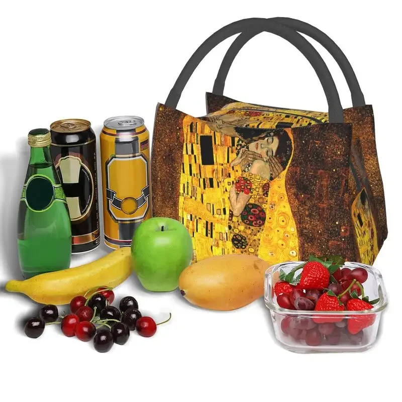 Klimt Kiss Thermal Insulated Lunch Bags Women Gustav Klimt Freyas Art Resuable Lunch Container Multifunction Meal Food Box