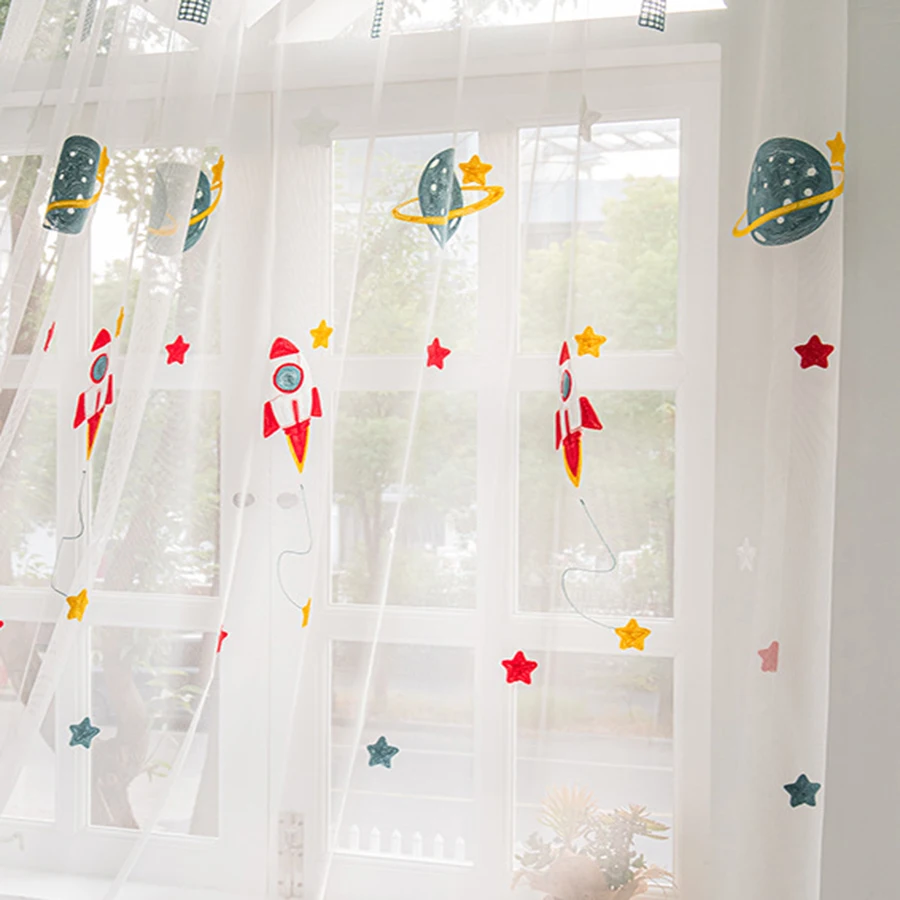Blue Cartoon Rocket Spaceship Blackout Curtains for Kids Boys Room Nursery Planet Satellite Embroidered Bay Window Tulle Drapes