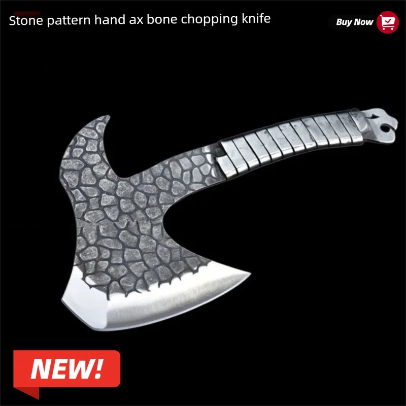 Chopping bone stone pattern battle axe, pure handmade, forged stainless steel handle, chopping wood axe