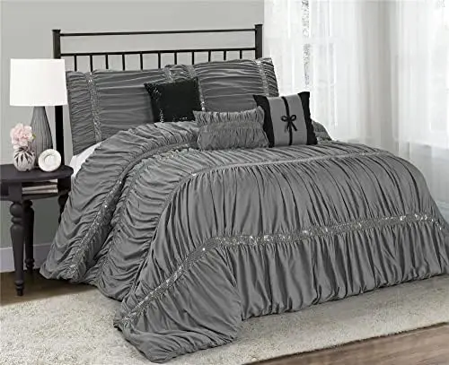 

7 Piece Bed-in--Bag Gray Comforter Set Queen, Ruched Pleat Embroidered Bedding Set with Silver Sequins, All Season Down Alternat