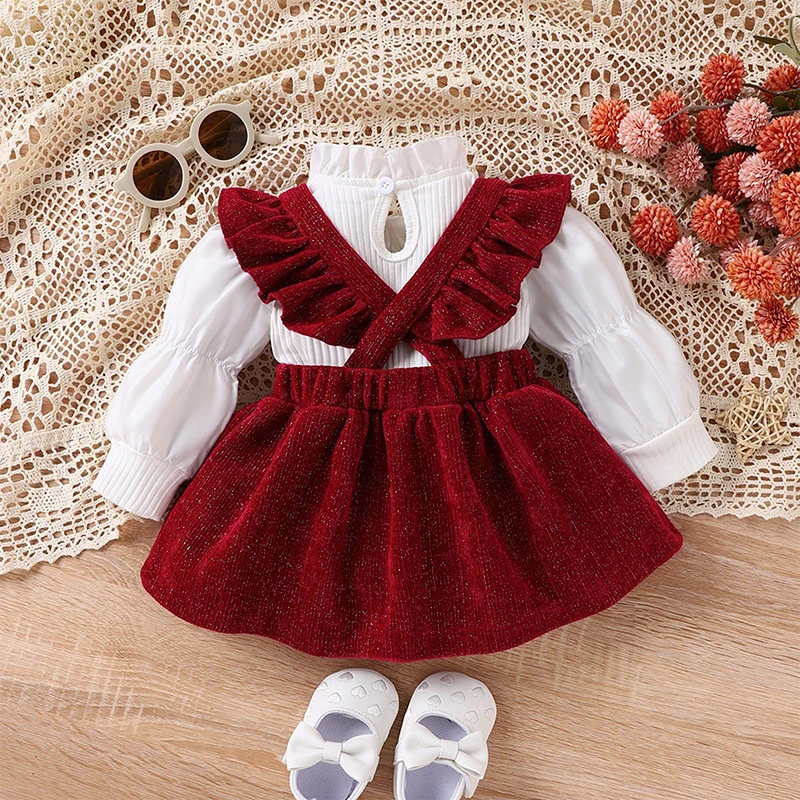 Baby Girls Clothes Solid Long Sleeve Top Layered Bow Skirt Girl Infant Newborn Outfits Sets Spring Autumn Baby Party Dresses