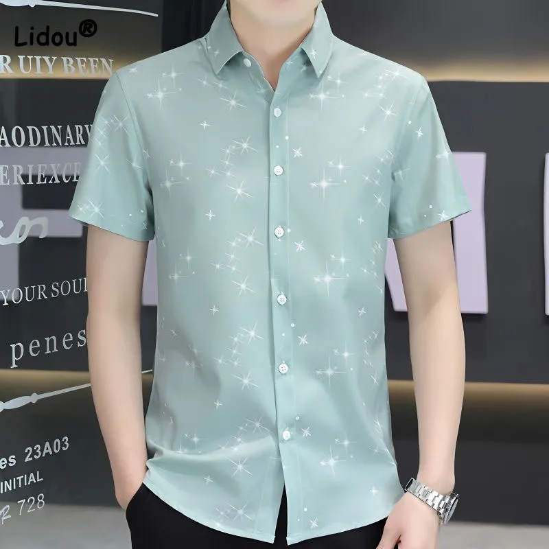 2023 Male Clothes Casual Fashion Printed Polo-Neck Shirt Summer Korean Short Sleeve Loose Trend Single-breasted Men\'s Shirt