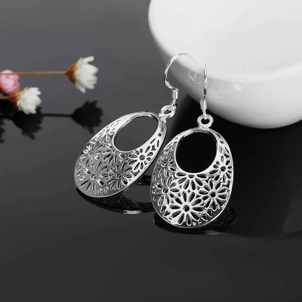 Hot silver color Carved oval Earrings for Women Retro classic Jewelry fashion party wedding Holiday gifts