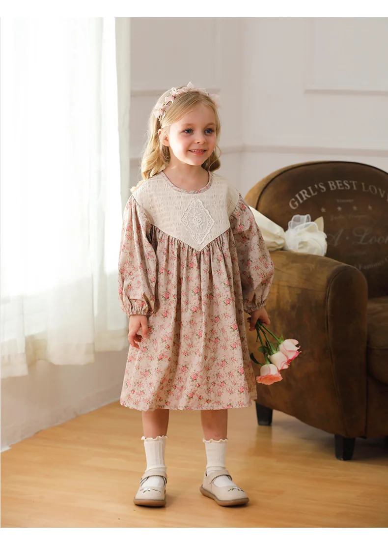 Autumn New French Retro Floral Girls\' Dress Sweet Lace Long Sleeved Children\'s Princess Dress Flower Girl Dresses for Weddings