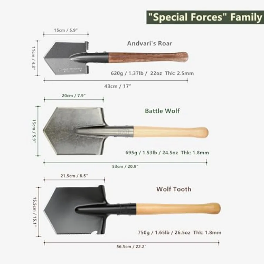 Military-Grade Survival Shovel - Heavy Duty Carbon Steel w/Hardwood Handle All-Weather for Camping, Hiking, Off-Road, Emergency