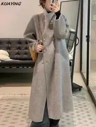 Korean Fashion Women Casual Loose Woolen Coat Elegant and Chic Solid Outerwear Long Overcoat Autumn Winter Female Warm Cloak New