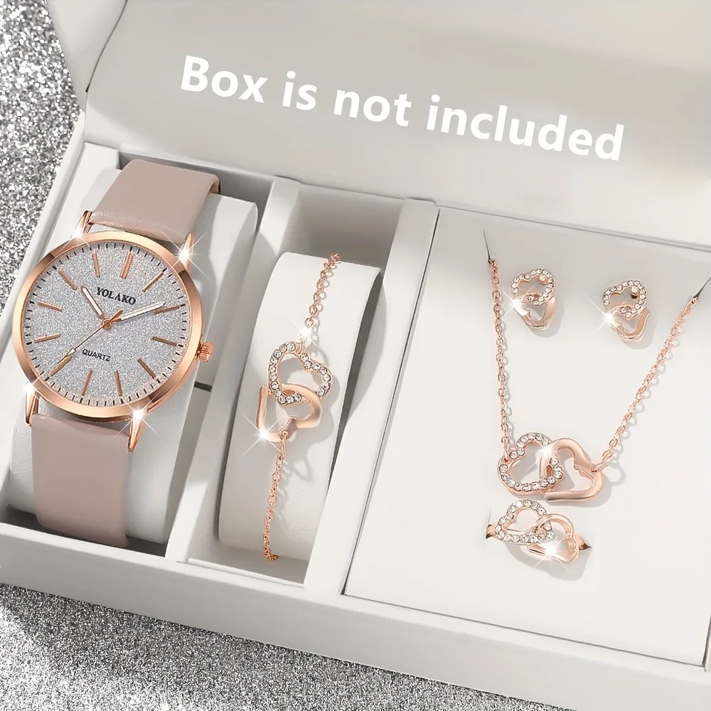 6‑Pcs Elegant Minimalist Women Quartz Watches with Round Alloy Case, Simple Dial, Unique Heart‑shaped Jewelry Set, Women Gift