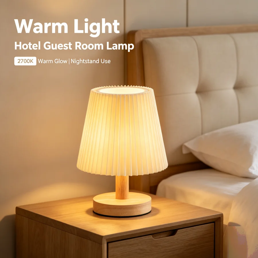 3 Color Temperature Pleated Shade Wooden Bedside Table Lamp USB Dimmable Night Light