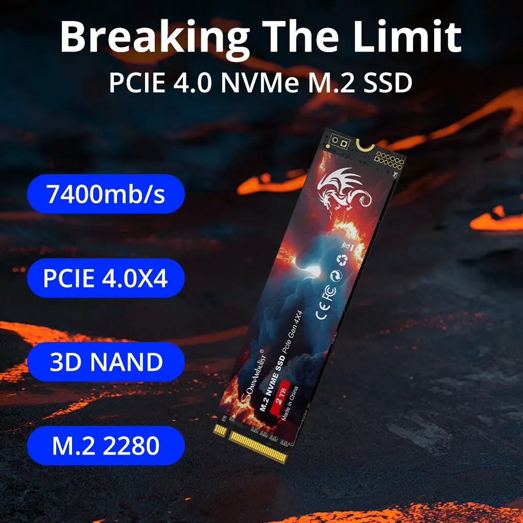 SomnAmbulist SSD PCIe4.0x4 NVMe 7400 MB/s M.2 2280 1TB 2TB PCIe 4.0 노트북 데스크톱 게임 콘솔 용 내부 솔리드 스테이트 드라이브