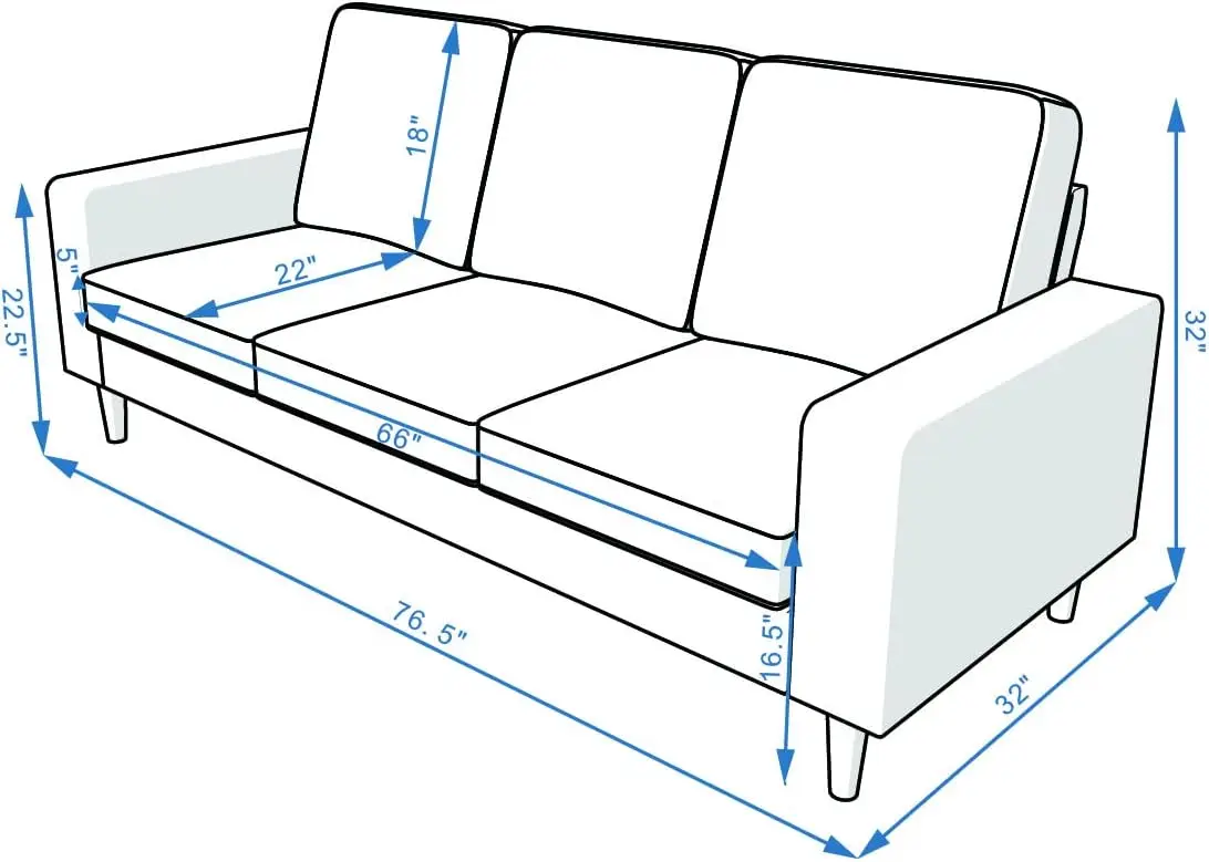 Panana gepolsterte moderne Sofa couch für Wohnzimmer, grauer Leinenstoff mit 2 kleinen Kissen und Holzbeinen, 3-Sitzer-Sofa