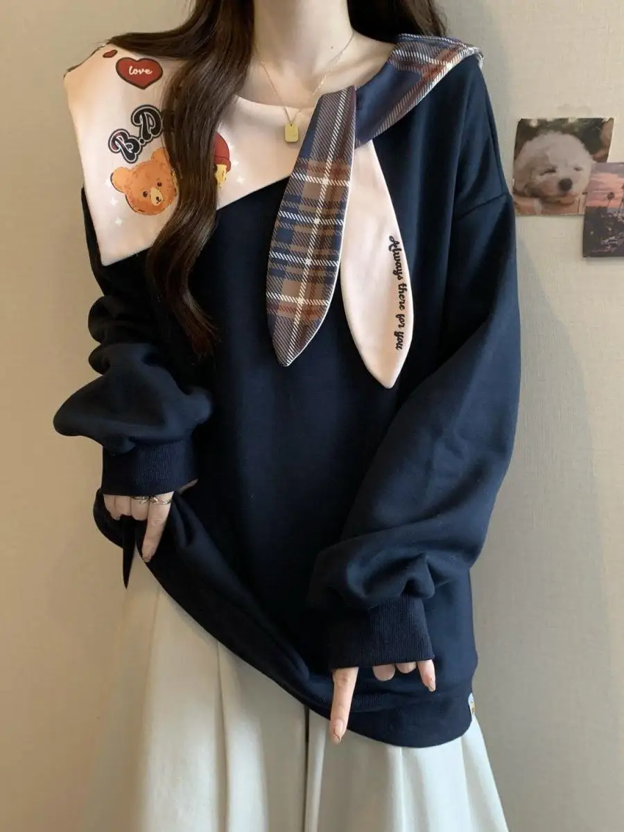 

Sweet Style plus Size 300 Pounds New College Fashion Sweatshirt Early Autumn Navy Collar Patchwork Sweet Younging Top