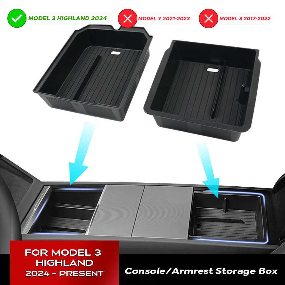 For Tesla Model 3 Highland 2024 Center Console Eyeglasses Storage Case Armrest Storage Box Upper&Lower Silicone Anti-slip Mat