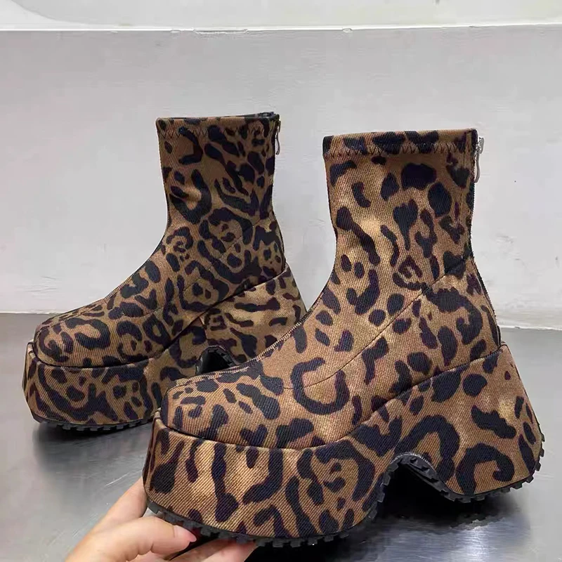 Round head Ankle Boots Fashion Boots Sexy Platform Print Leopard New Mid Heel Ankle Boot women Vintage Casual Ladies Riding Boot