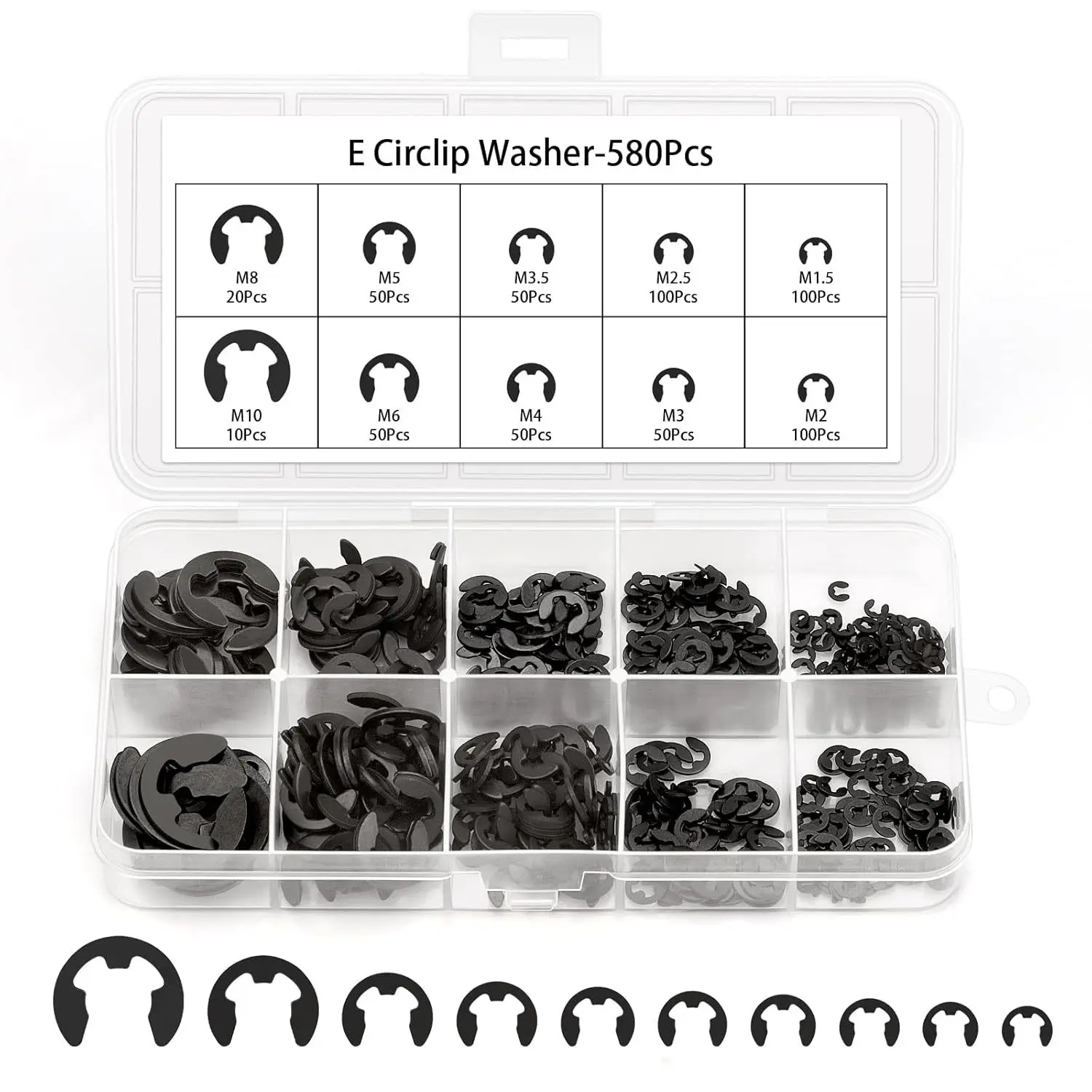 580Pcs Black 65 Manganese Steel E Clip Assortment Kit 10 Sizes M1.5 to M10 External Retaining Ring