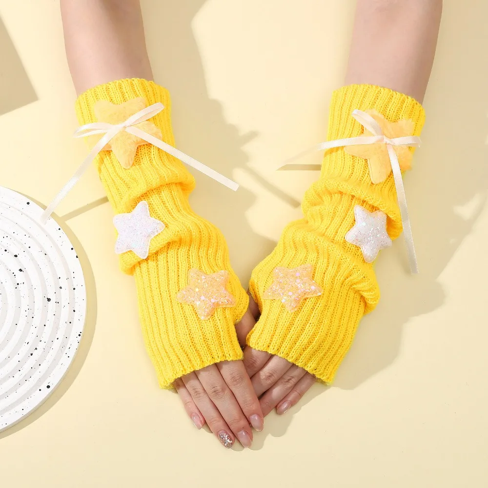 New Y2K Long Wrist Gloves Stars Thicken Arm Warmers Soft Solid Color Knitted Arm Sleeves Women