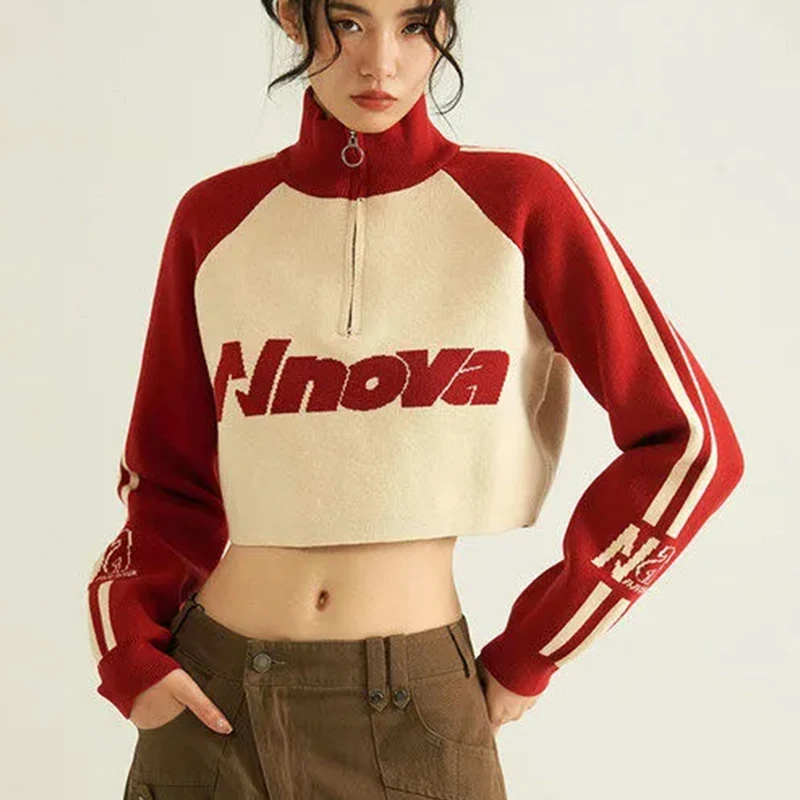 

High Street Stand-Up Collar Letter Jacquard Sweater Women Autumn Winter Korean Fashion Short Top High Waist Y2k Knitted Sweater