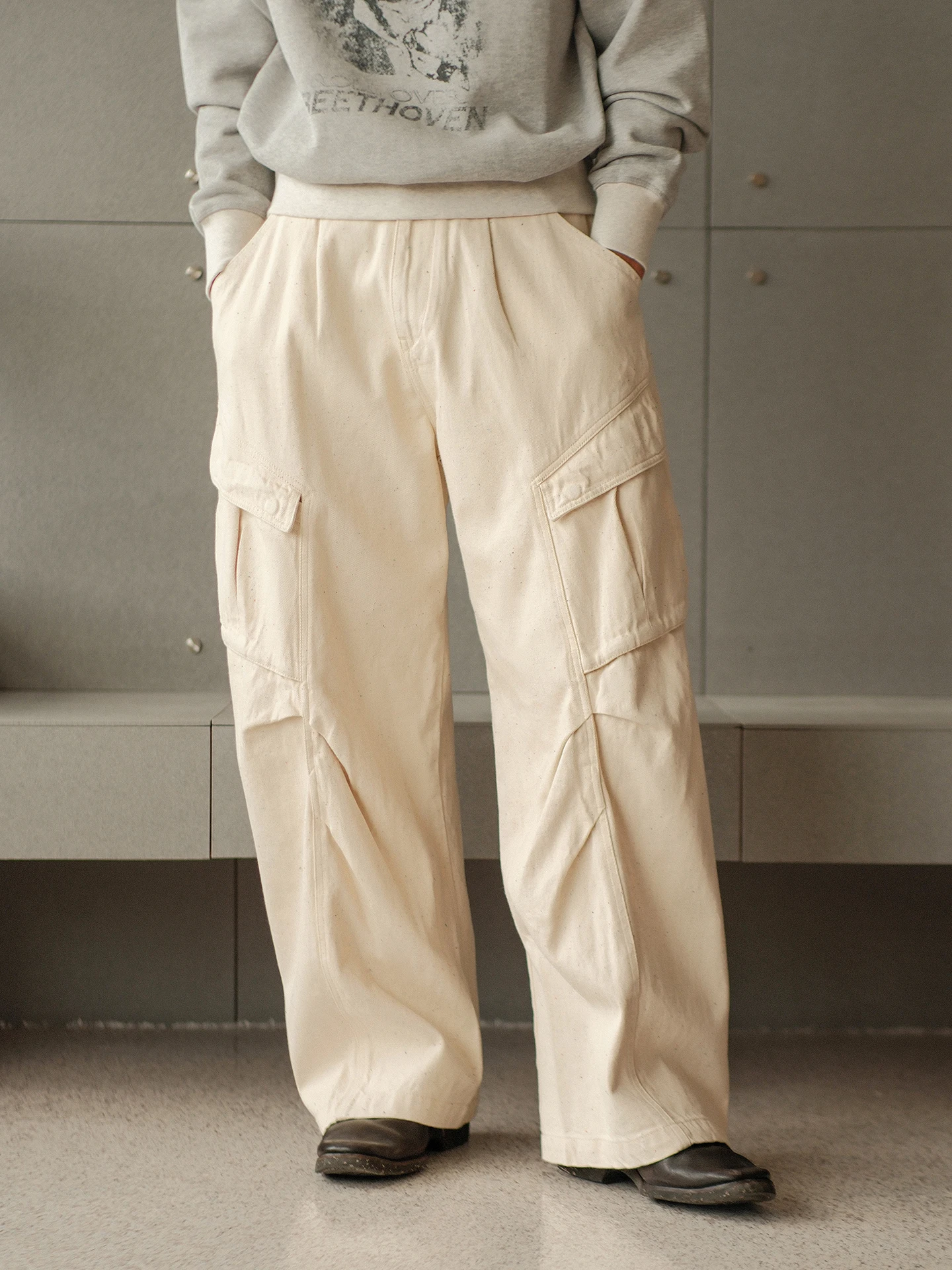 

MBBCAR Youth Casual High Waist Wide Leg Cargo Work Pants Cotton Denim White Bull Narrow Belted Trousers for Daily Wear