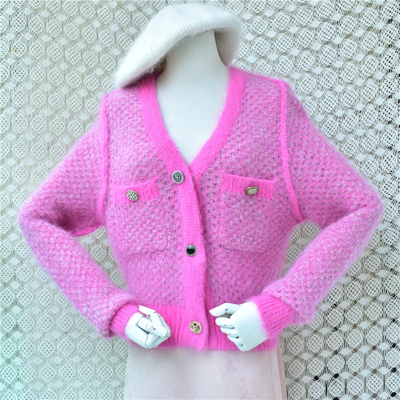 /Ladies Women Autumn Winter Sweet Pink Hairy Angora Rabbit Hair Knitted V-Neck Short Style Slim Cardigans Sweater Jacket Pull