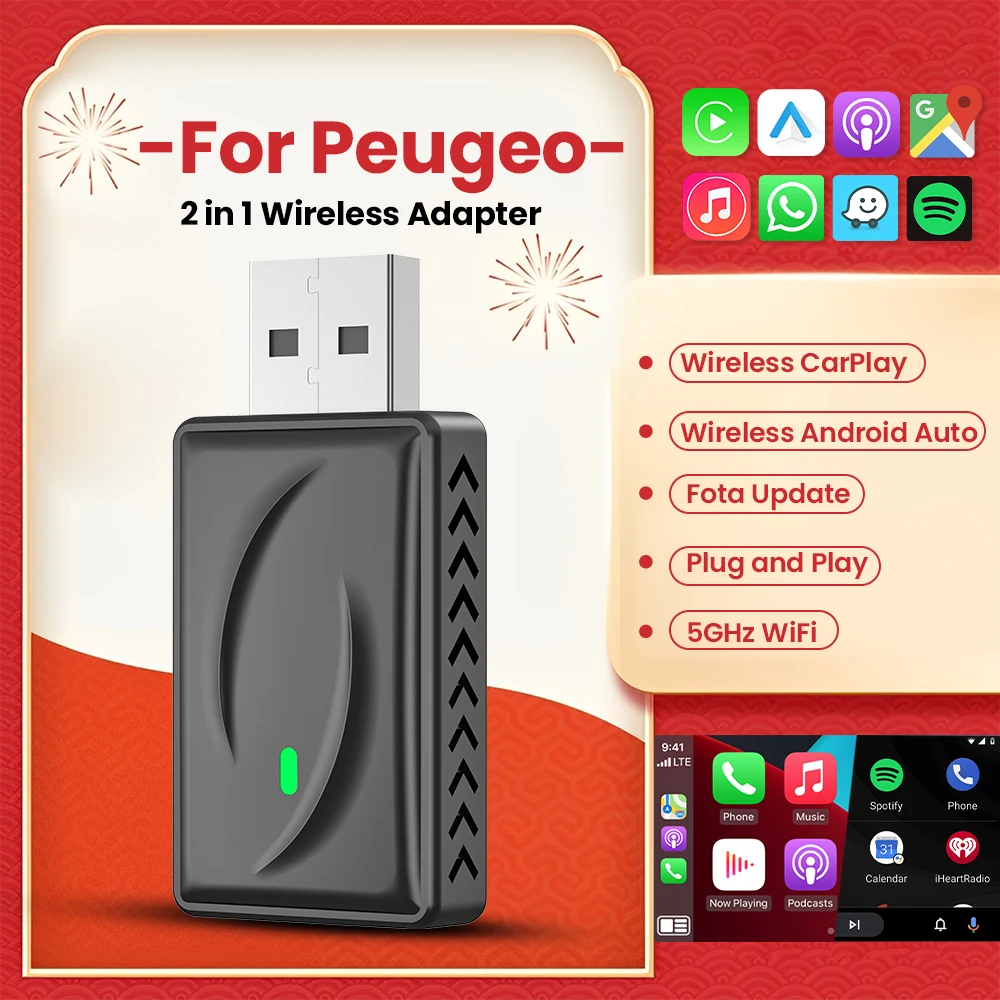 Wireless CarPlay Adapter Android Auto Bluetooth WiFi Plug and Play Dongle For Peugeot 208 2008 308S 301 308 SW Expert Rifter