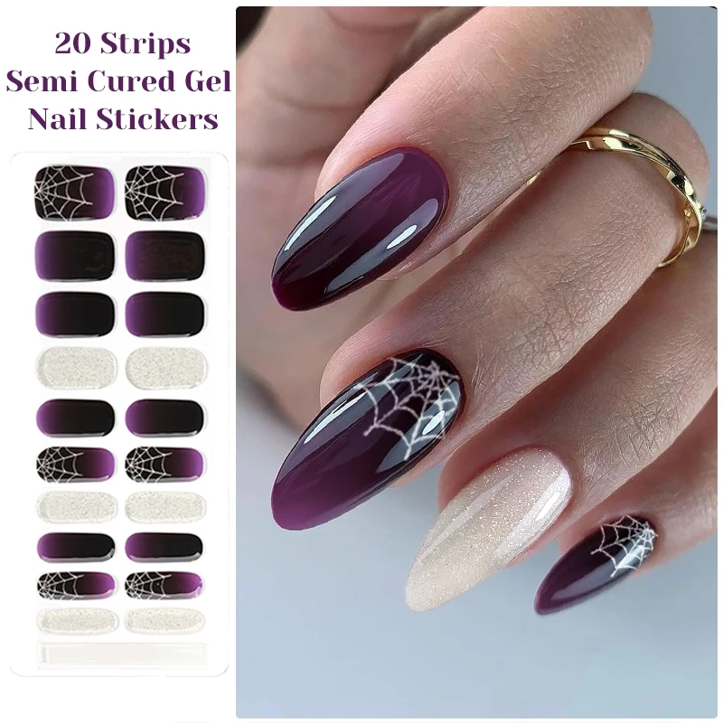 Halloween Lichtgevende Semi Uitgeharde Gel Nail Strip Sneeuwvlok Spider DIY Gel Polish Stickers voor Nagels Werkt met UV/LED nagellampen