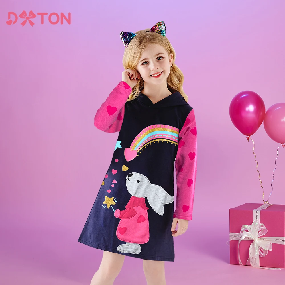 DXTON Hooded Dress For Girls Heart Rainbow Print Long Sleeve Winter Girls Dresses Rabbit Applique Children Hoodies Casual Dress