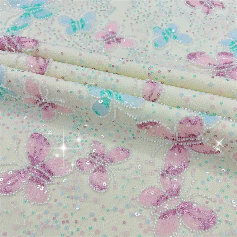 Transparente 3d borboleta flor renda malha tecido glitter lantejoulas vestido de casamento moda designer traje bordado tule tecido