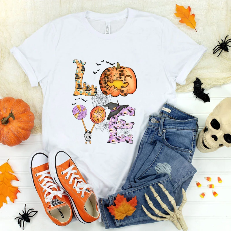 

(Premium T-shirt)New Fashion Halloween Love Pumpkin Print Graphic T Shirt Fashion Casual Short Sleeve Shirt Tee