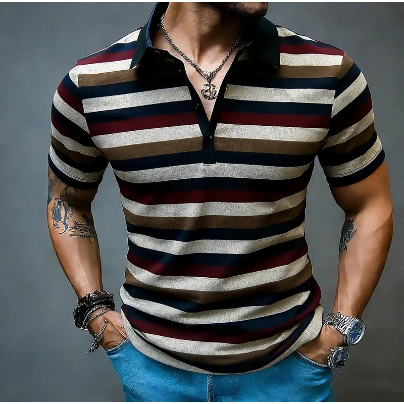 Summer Men's Colored Striped Polo Shirts Short Sleeve Breathable T-Shirt Contrast Color Casual Lapel Collar Streetwear Basic Top