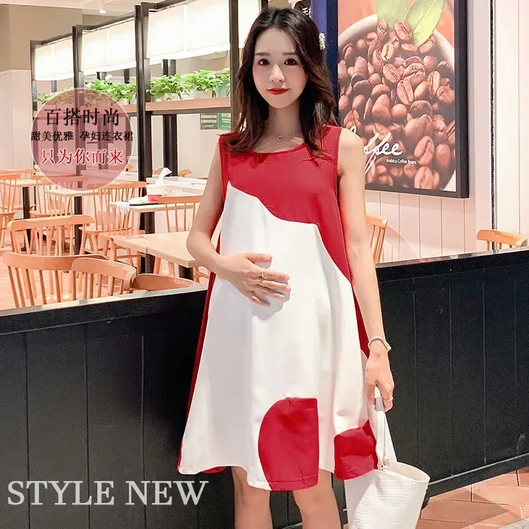 Women Maternity Dresses Elegant Printing PhotoShoot Dress Party Office Slim Sleeveless Pregnancy Dress Photography Clothes