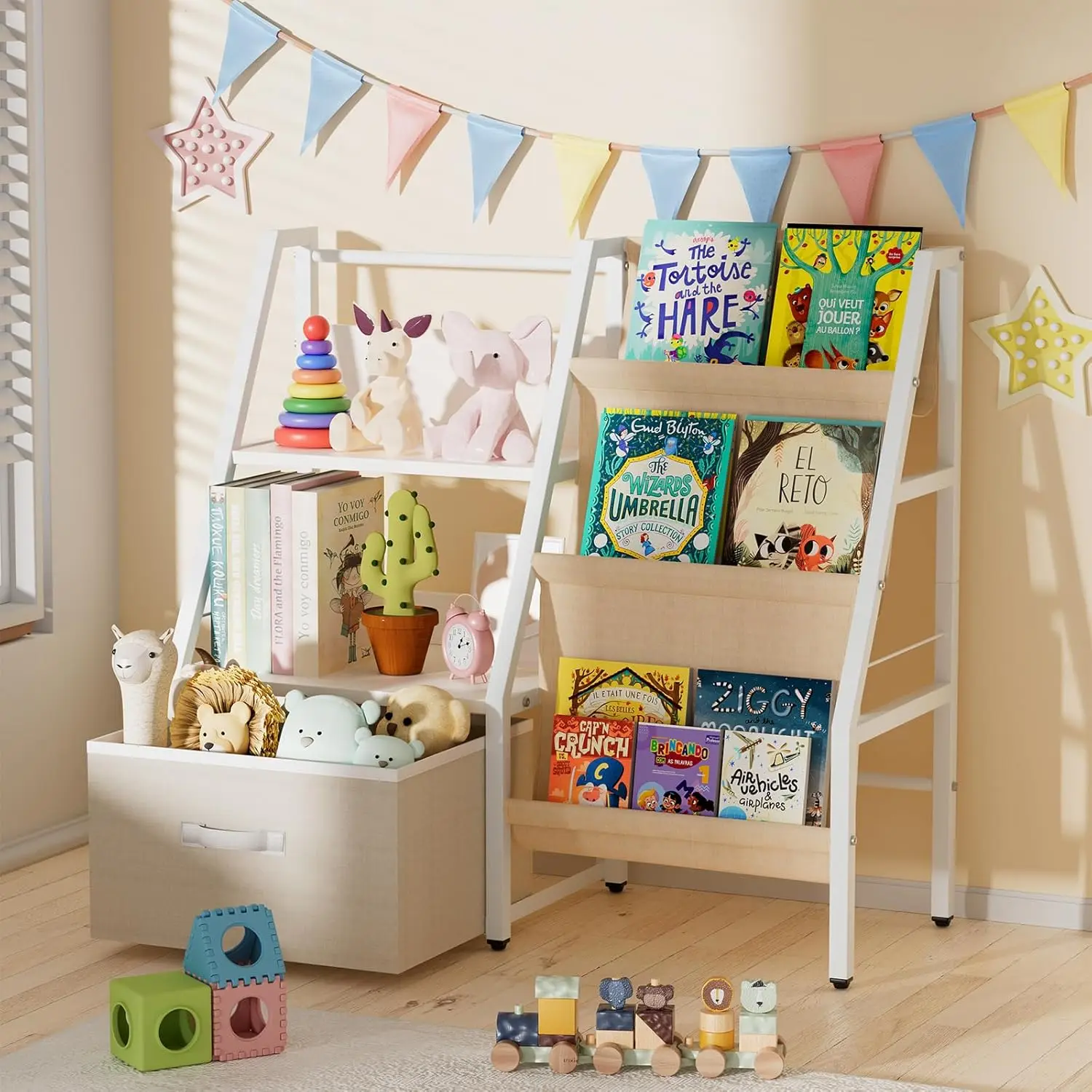 

3-Tier Kids Bookshelf with Movable Drawer, Toy Organizer for Playroom, Nursery, Safe White Design