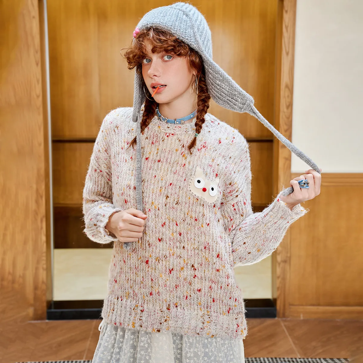 

Женский цветной вязаный свитер Skittles, мягкий топ из пряжи с конфетти, свободная одежда для дома, пастельный повседневный пуловер с заниженными плечами