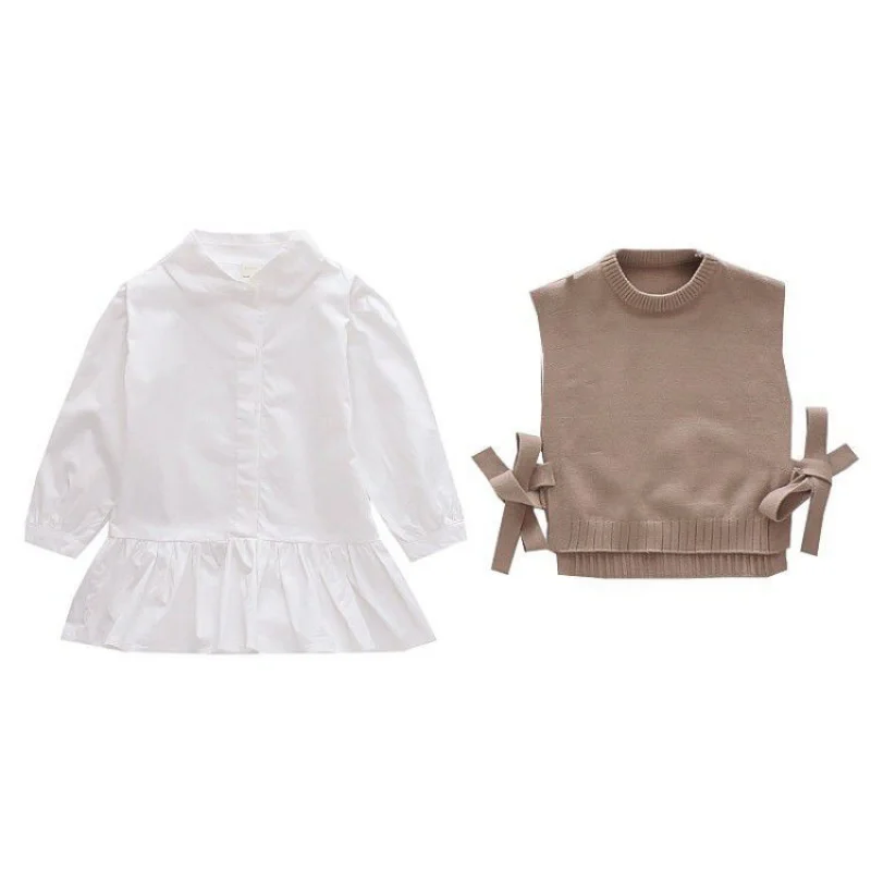2023 Spring Autumn Baby Girls Sweet Candy Color Knitting Sweater Vest Shirts Clothing Sets Children Korean Blouse Vest Outfits