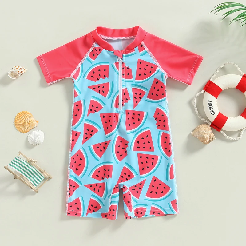 Kids Girls Bikini Short Sleeve Zipped Watermelon Print Patchwork Swimsuit for Summer Beachwear