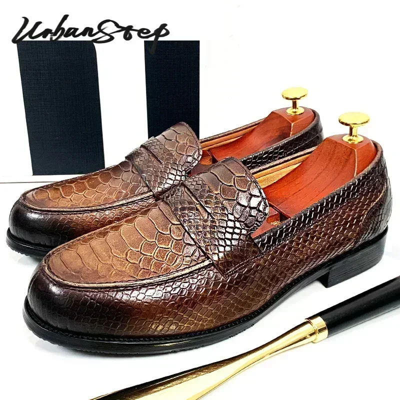 LUXURY MEN LEATHER SHOES BLACK COFFEE SLIP ON SNAKE PRINT DRESS MEN'S CASUAL SHOES WEDDING OFFICE BANQUET Loafers Shoes For Men